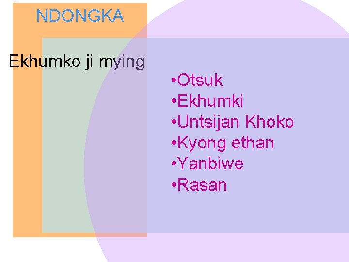 NDONGKA Ekhumko ji mying • Otsuk • Ekhumki • Untsijan Khoko • Kyong ethan