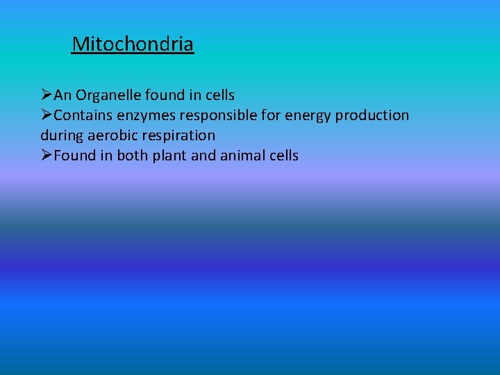 Mitochondria ØAn Organelle found in cells ØContains enzymes responsible for energy production during aerobic