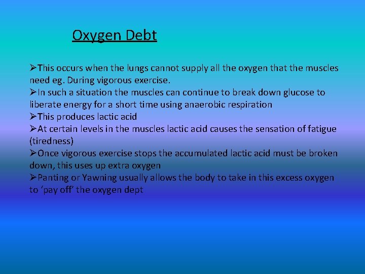 Oxygen Debt ØThis occurs when the lungs cannot supply all the oxygen that the