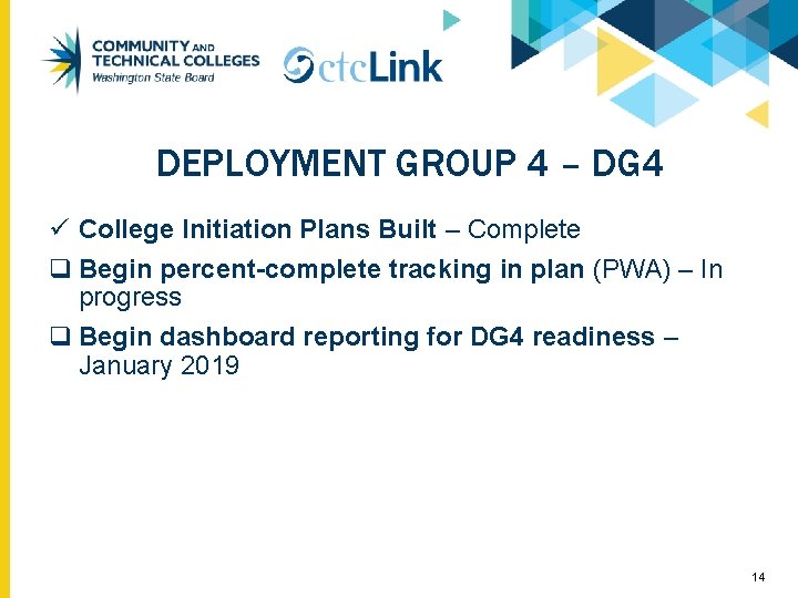 DEPLOYMENT GROUP 4 – DG 4 ü College Initiation Plans Built – Complete q