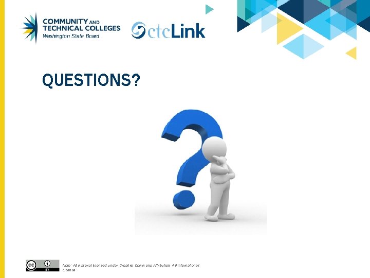 QUESTIONS? Note: All material licensed under Creative Commons Attribution 4. 0 International License. 