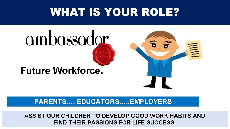 WHAT IS YOUR ROLE? Future Workforce. PARENTS…. EDUCATORS…. . EMPLOYERS ASSIST OUR CHILDREN TO