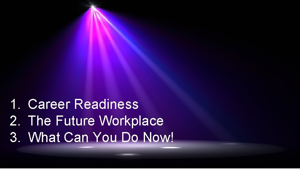 1. Career Readiness 2. The Future Workplace 3. What Can You Do Now! 