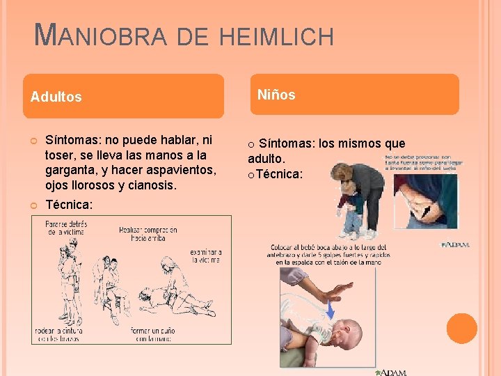 MANIOBRA DE HEIMLICH Adultos Síntomas: no puede hablar, ni toser, se lleva las manos