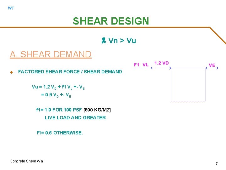 WT SHEAR DESIGN N Vn > Vu A. SHEAR DEMAND u FACTORED SHEAR FORCE