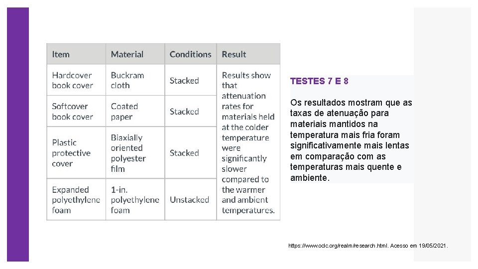 TESTES 7 E 8 Os resultados mostram que as taxas de atenuação para materiais