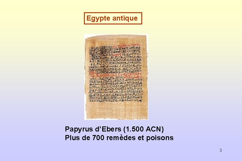 Egypte antique Papyrus d’Ebers (1. 500 ACN) Plus de 700 remèdes et poisons 3