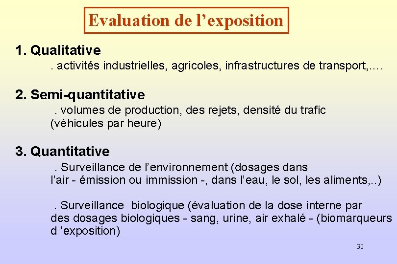Evaluation de l’exposition 1. Qualitative. activités industrielles, agricoles, infrastructures de transport, …. 2. Semi-quantitative.
