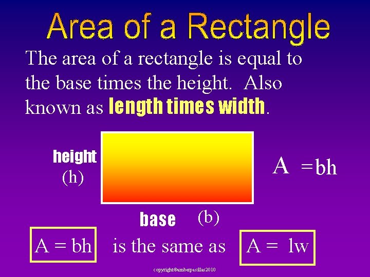 The area of a rectangle is equal to the base times the height. Also