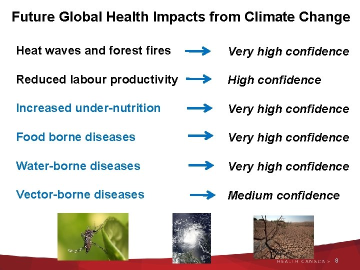 Future Global Health Impacts from Climate Change Heat waves and forest fires Very high