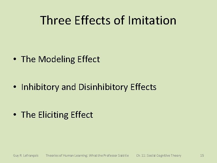 Three Effects of Imitation • The Modeling Effect • Inhibitory and Disinhibitory Effects • Three Effects of Imitation • The Modeling Effect • Inhibitory and Disinhibitory Effects •
