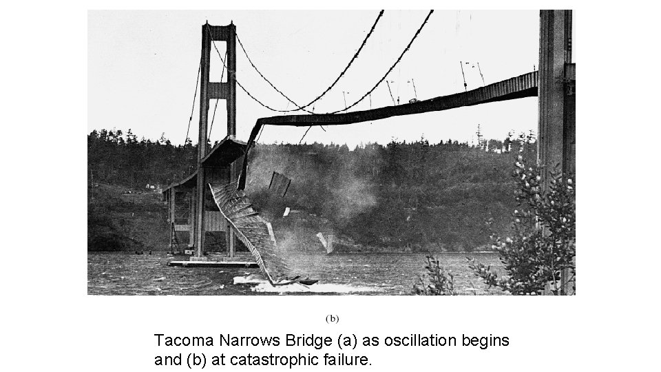 Tacoma Narrows Bridge (a) as oscillation begins and (b) at catastrophic failure. 