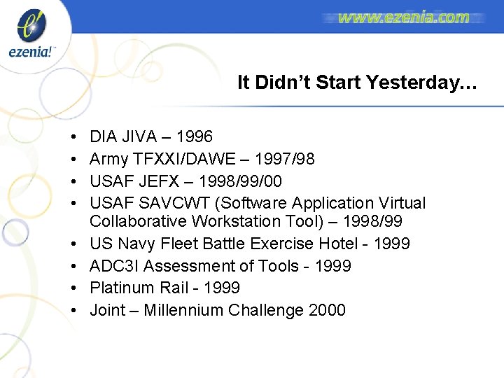 It Didn’t Start Yesterday… • • DIA JIVA – 1996 Army TFXXI/DAWE – 1997/98 It Didn’t Start Yesterday… • • DIA JIVA – 1996 Army TFXXI/DAWE – 1997/98