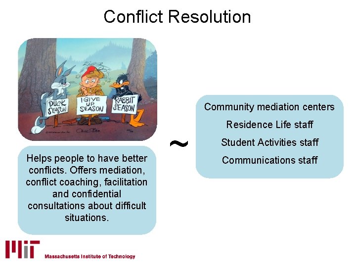Conflict Resolution Community mediation centers Helps people to have better conflicts. Offers mediation, conflict