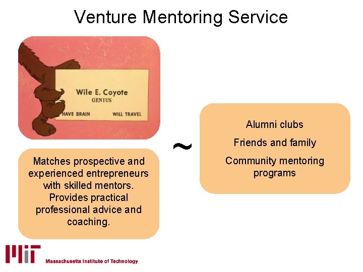 Venture Mentoring Service Matches prospective and experienced entrepreneurs with skilled mentors. Provides practical professional