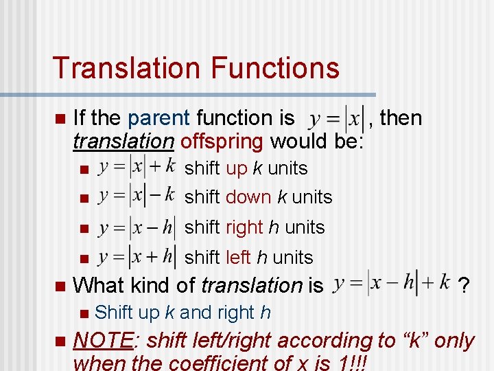Translation Functions n n If the parent function is , then translation offspring would