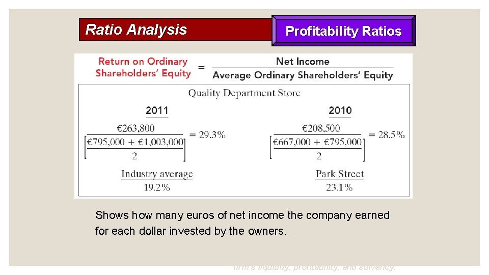 Ratio Analysis Profitability Ratios Shows how many euros of net income the company earned