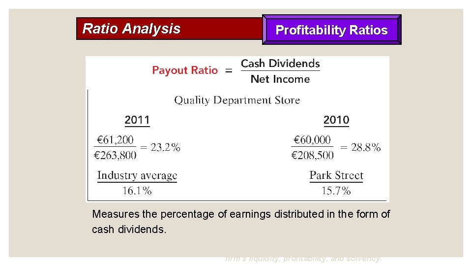 Ratio Analysis Profitability Ratios Measures the percentage of earnings distributed in the form of