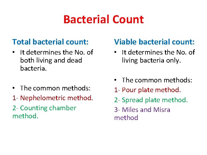 Bacterial Count Total bacterial count: Viable bacterial count: • It determines the No. of