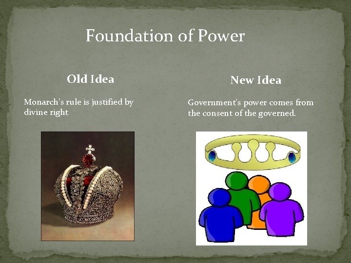 Foundation of Power Old Idea Monarch’s rule is justified by divine right New Idea