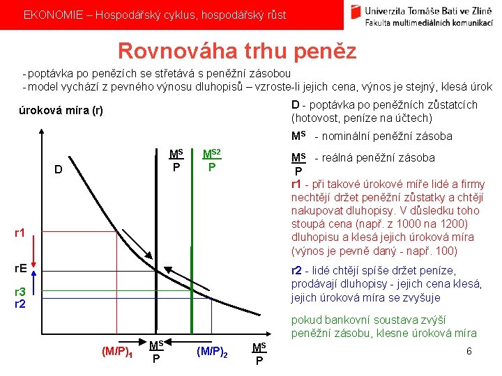 EKONOMIE – Hospodářský cyklus, hospodářský růst Rovnováha trhu peněz - poptávka po penězích se