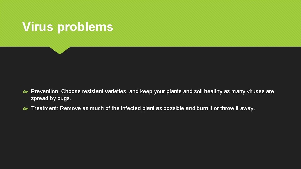 Virus problems Prevention: Choose resistant varieties, and keep your plants and soil healthy as