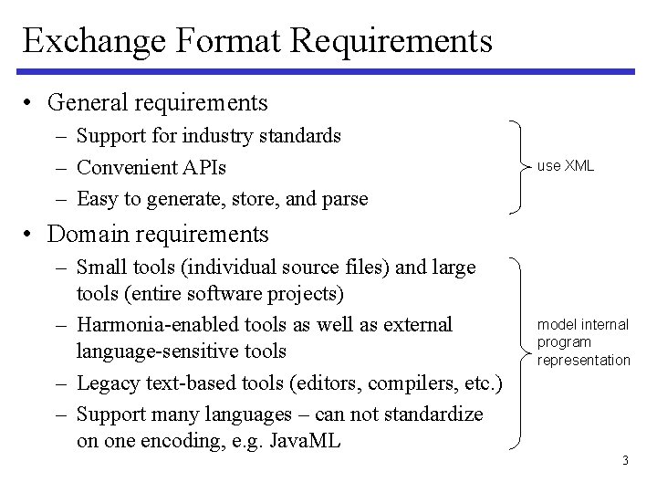 Exchange Format Requirements • General requirements – Support for industry standards – Convenient APIs