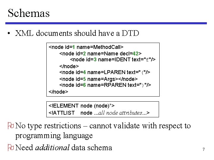 Schemas • XML documents should have a DTD <node id=1 name=Method. Call> <node id=2