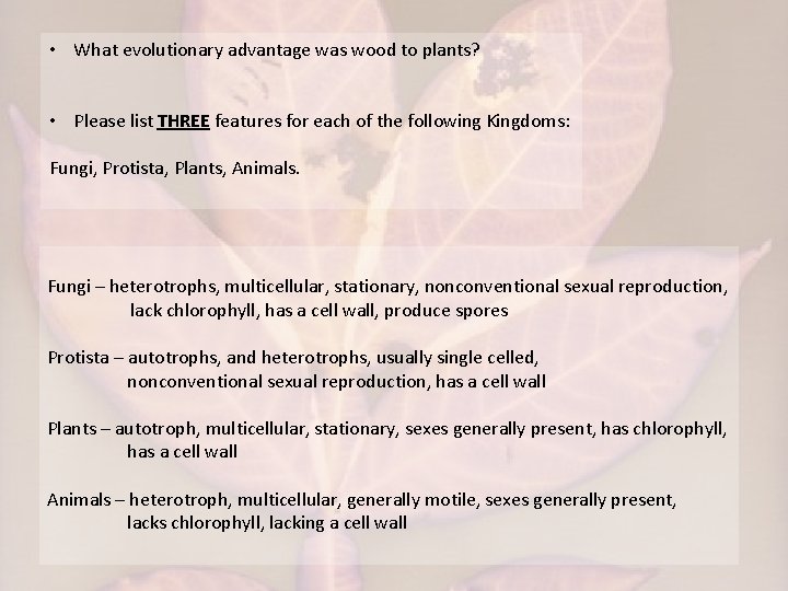  • What evolutionary advantage was wood to plants? • Please list THREE features