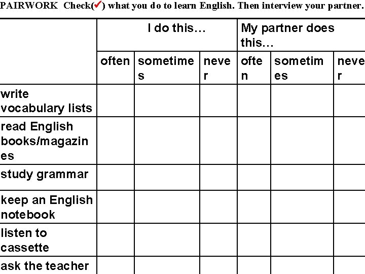 PAIRWORK Check( ) what you do to learn English. Then interview your partner. I