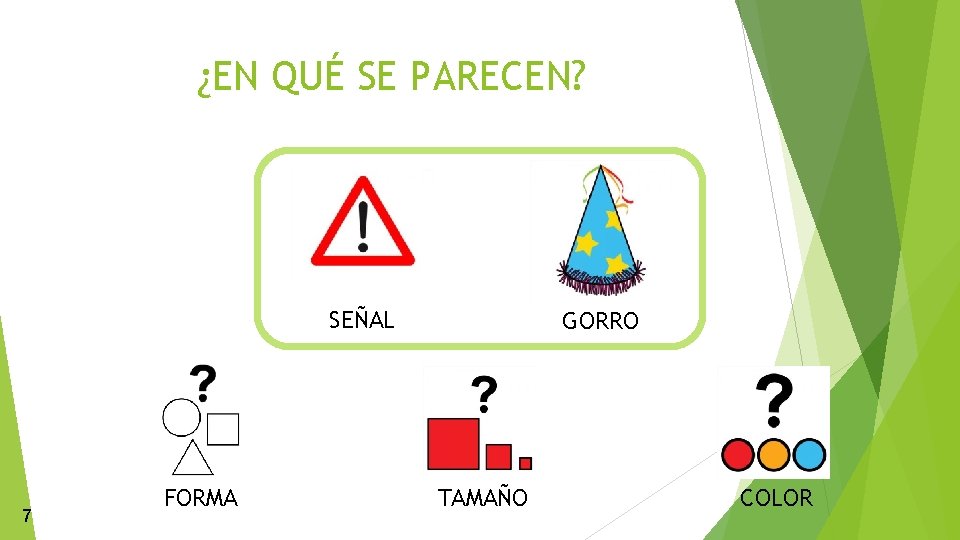 ¿EN QUÉ SE PARECEN? SEÑAL 7 FORMA GORRO TAMAÑO COLOR 