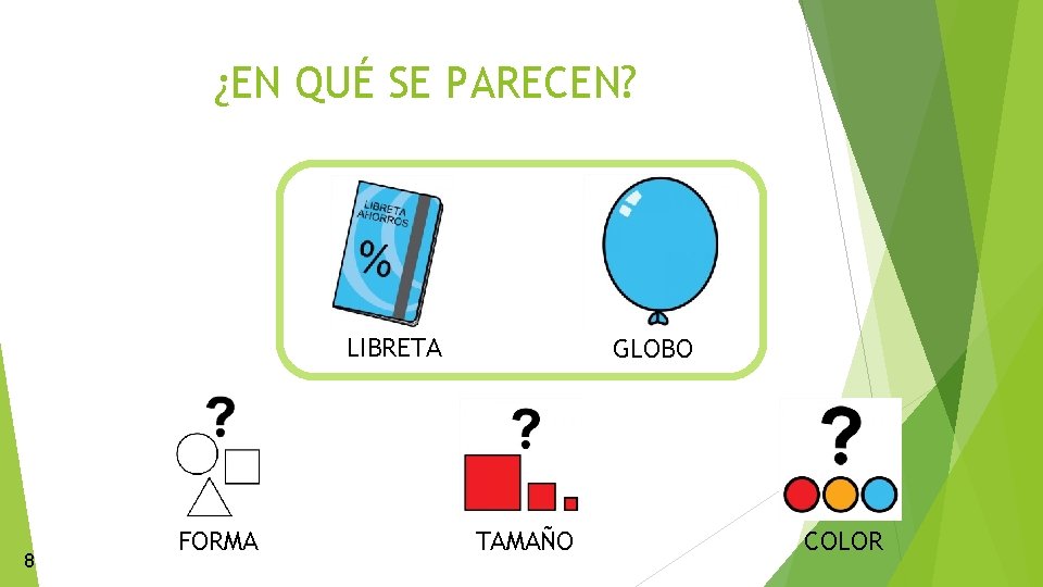 ¿EN QUÉ SE PARECEN? LIBRETA 8 FORMA GLOBO TAMAÑO COLOR 