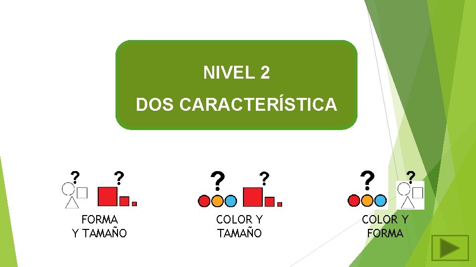 NIVEL 2 DOS CARACTERÍSTICA FORMA Y TAMAÑO COLOR Y FORMA 