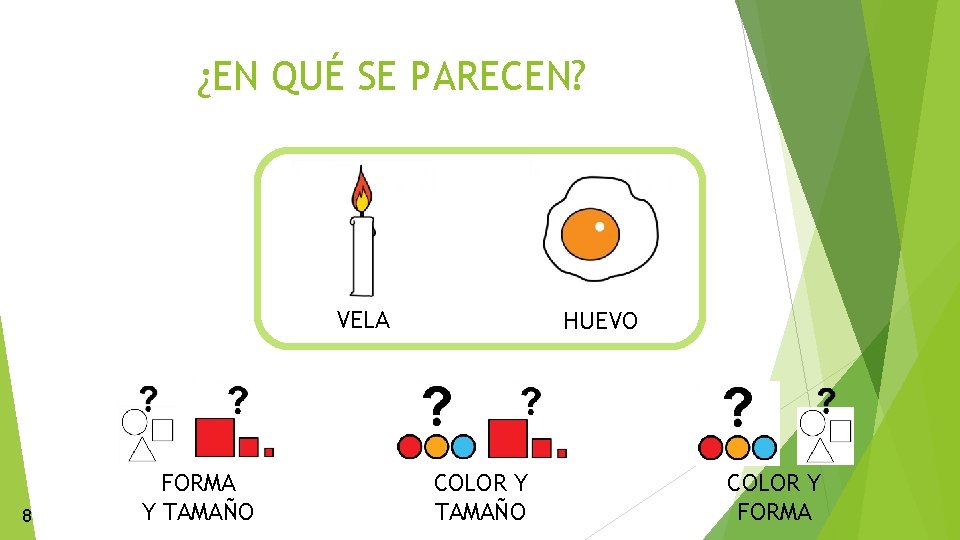 ¿EN QUÉ SE PARECEN? VELA 8 FORMA Y TAMAÑO HUEVO COLOR Y TAMAÑO COLOR