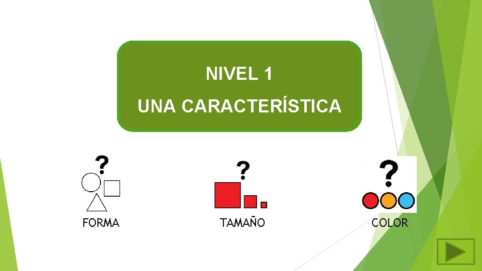 NIVEL 1 UNA CARACTERÍSTICA FORMA TAMAÑO COLOR 