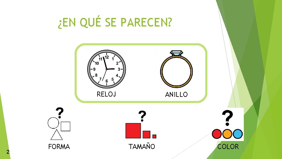 ¿EN QUÉ SE PARECEN? RELOJ 2 FORMA ANILLO TAMAÑO COLOR 