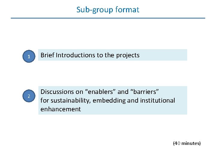 Sub-group format 1 2 Brief Introductions to the projects Discussions on “enablers” and “barriers”
