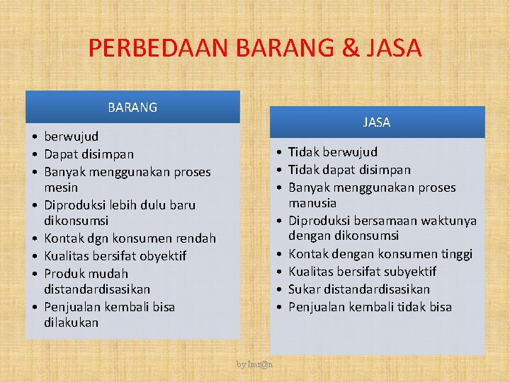 PERBEDAAN BARANG & JASA BARANG JASA • berwujud • Dapat disimpan • Banyak menggunakan