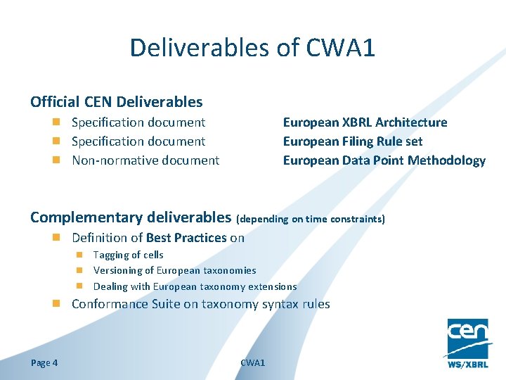 Deliverables of CWA 1 Official CEN Deliverables Specification document Non-normative document European XBRL Architecture