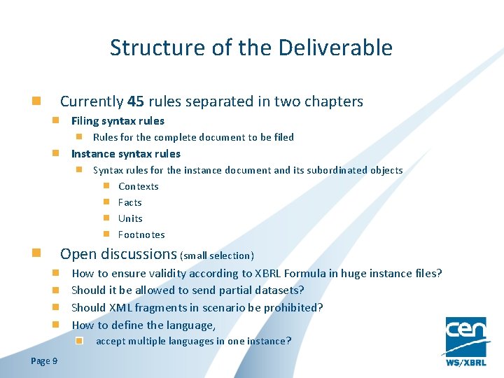 Structure of the Deliverable Currently 45 rules separated in two chapters Filing syntax rules Structure of the Deliverable Currently 45 rules separated in two chapters Filing syntax rules