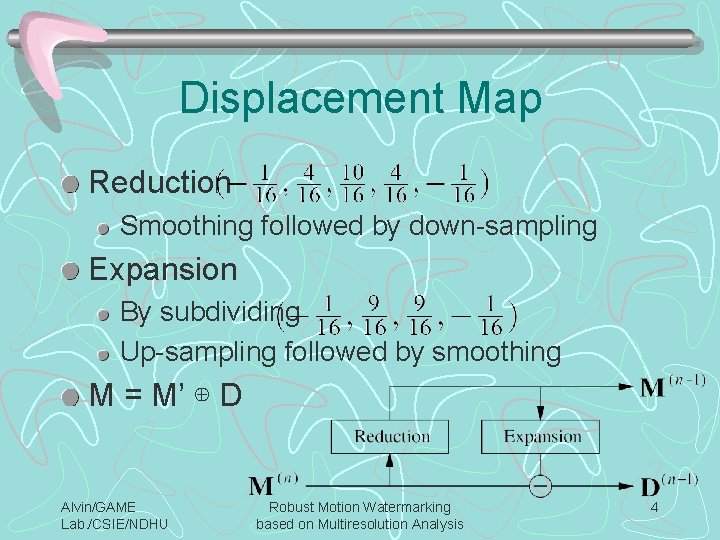 Displacement Map Reduction Smoothing followed by down-sampling Expansion By subdividing Up-sampling followed by smoothing