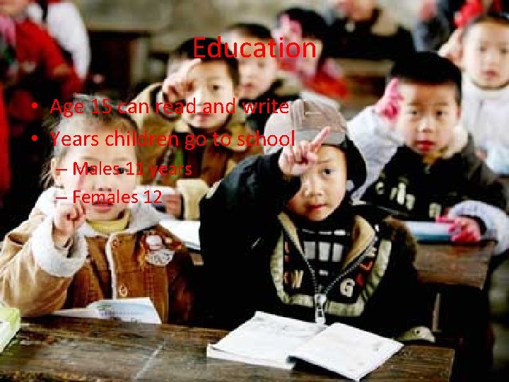 Education • Age 15 can read and write • Years children go to school