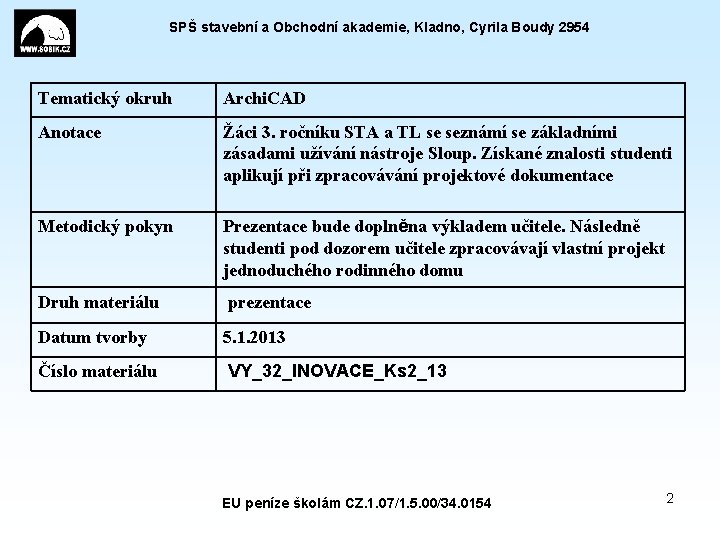 SPŠ stavební a Obchodní akademie, Kladno, Cyrila Boudy 2954 Tematický okruh Archi. CAD Anotace