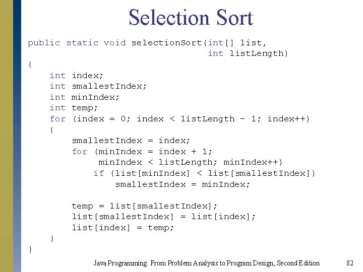 Selection Sort public static void selection. Sort(int[] list, int list. Length) { int index;