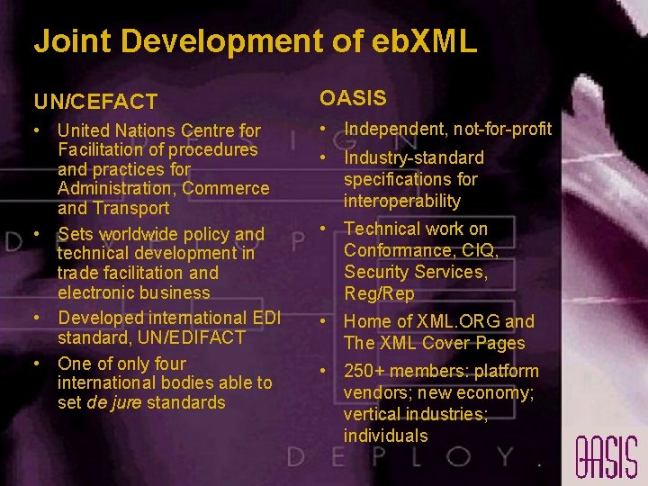Joint Development of eb. XML UN/CEFACT OASIS • United Nations Centre for Facilitation of Joint Development of eb. XML UN/CEFACT OASIS • United Nations Centre for Facilitation of