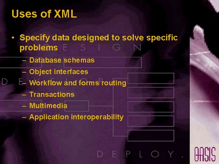 Uses of XML • Specify data designed to solve specific problems – Database schemas Uses of XML • Specify data designed to solve specific problems – Database schemas