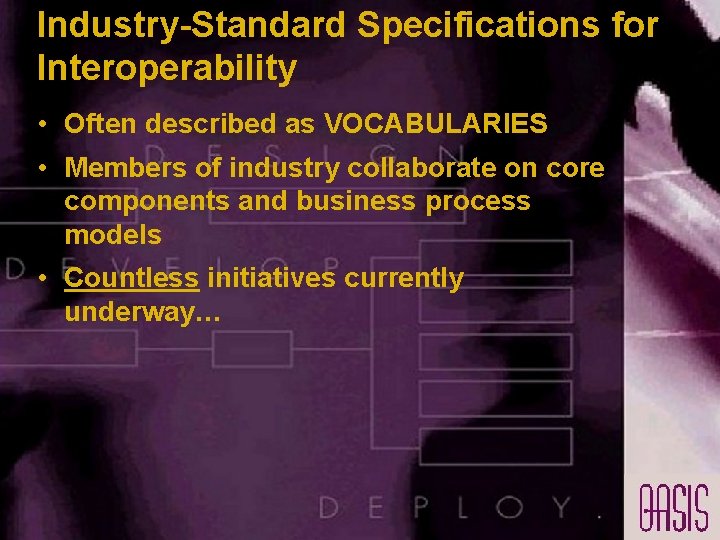 Industry-Standard Specifications for Interoperability • Often described as VOCABULARIES • Members of industry collaborate Industry-Standard Specifications for Interoperability • Often described as VOCABULARIES • Members of industry collaborate