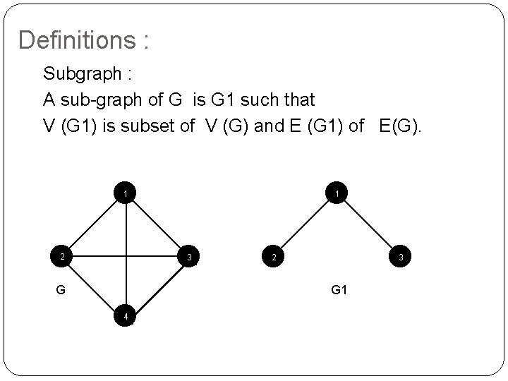 Definitions : Subgraph : A sub-graph of G is G 1 such that V Definitions : Subgraph : A sub-graph of G is G 1 such that V