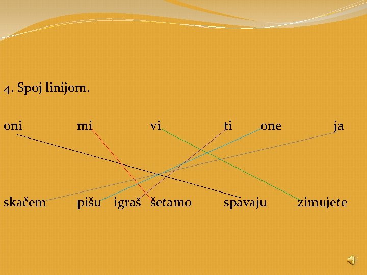 4. Spoj linijom. oni mi vi skačem pišu igraš šetamo ti one spavaju ja