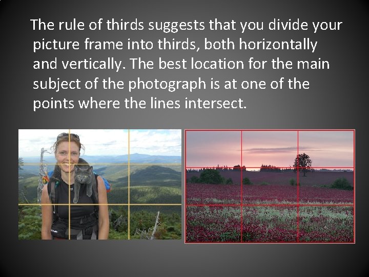 The rule of thirds suggests that you divide your picture frame into thirds, both